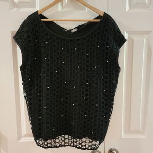 Ann Taylor‎ Black Sleeveless Blouse Laser Cut Crystal Beads XXL